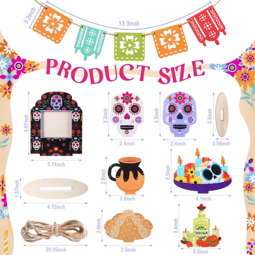 Dia de los Muertos tiered tray decor set with measurements, including a photo frame, sugar skulls, banner, jug, bread, candles, and tequila bottle.