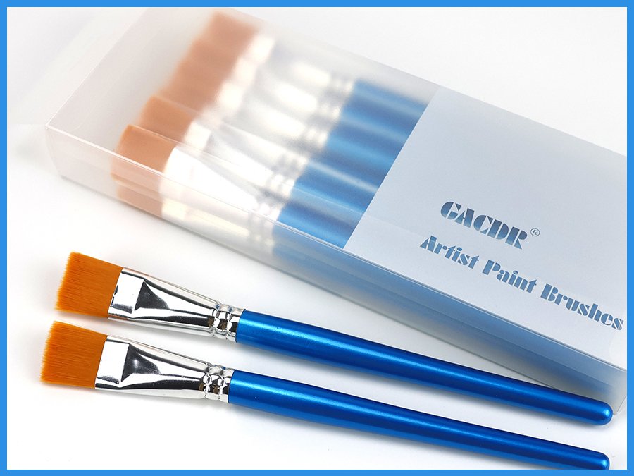 Set of 12 flat paint brushes with blue handles and synthetic bristles in a clear plastic case