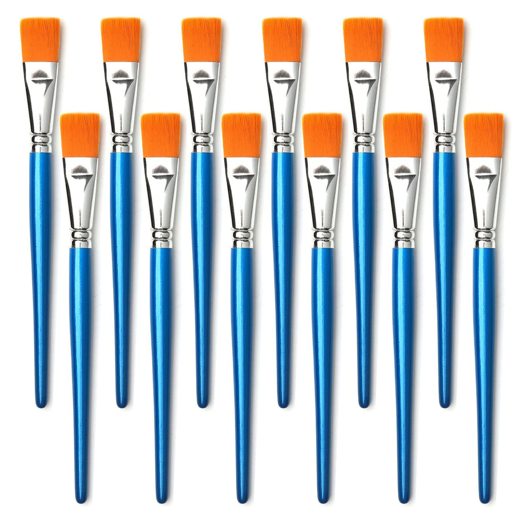 Twelve flat paint brushes with orange synthetic bristles and blue wooden handles arranged in rows on a white background.