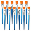 Twelve flat paint brushes with orange synthetic bristles and blue wooden handles arranged in rows on a white background.