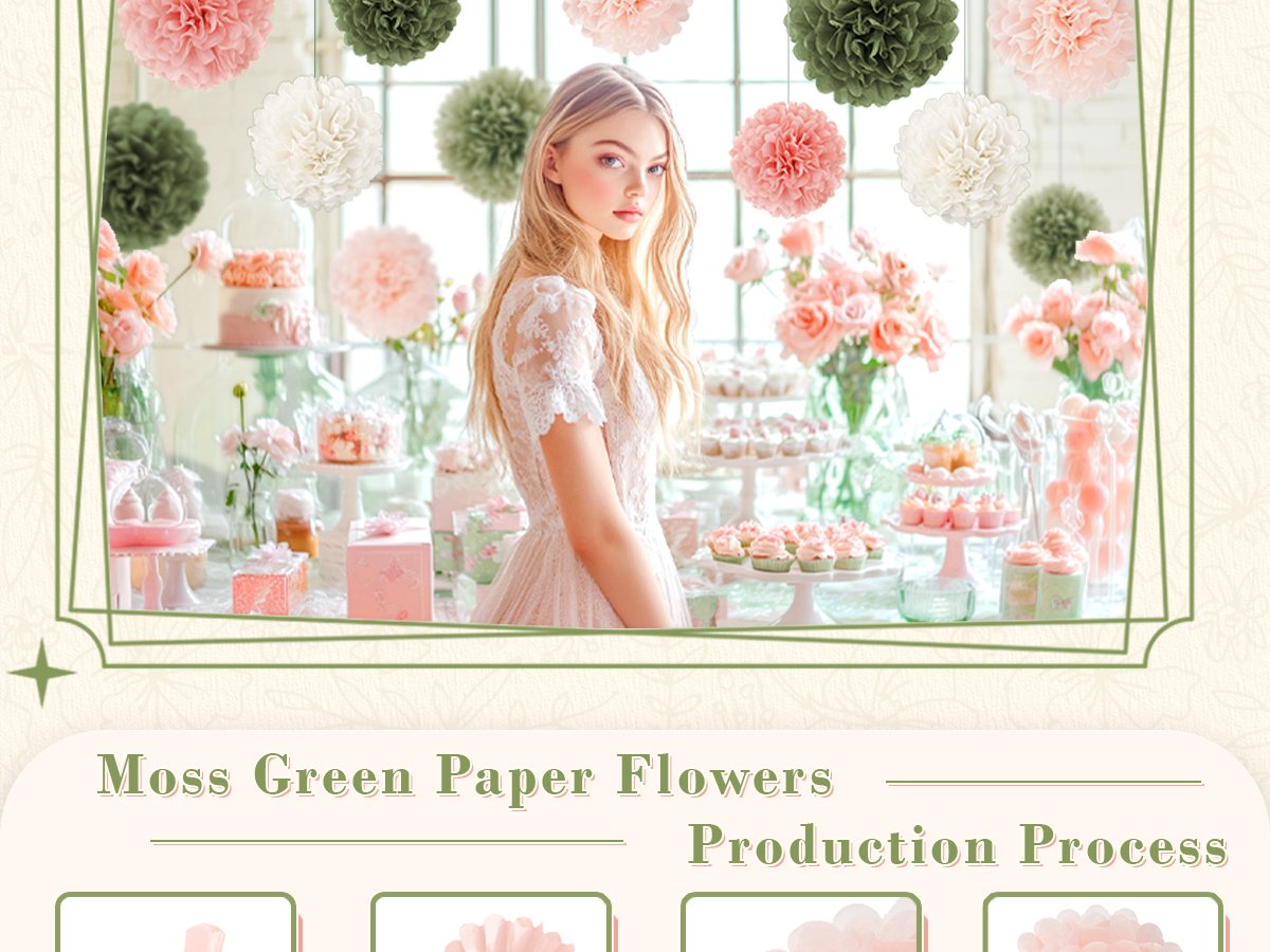 Woman in white lace dress at a dessert table decorated with pink and green tissue paper pom poms