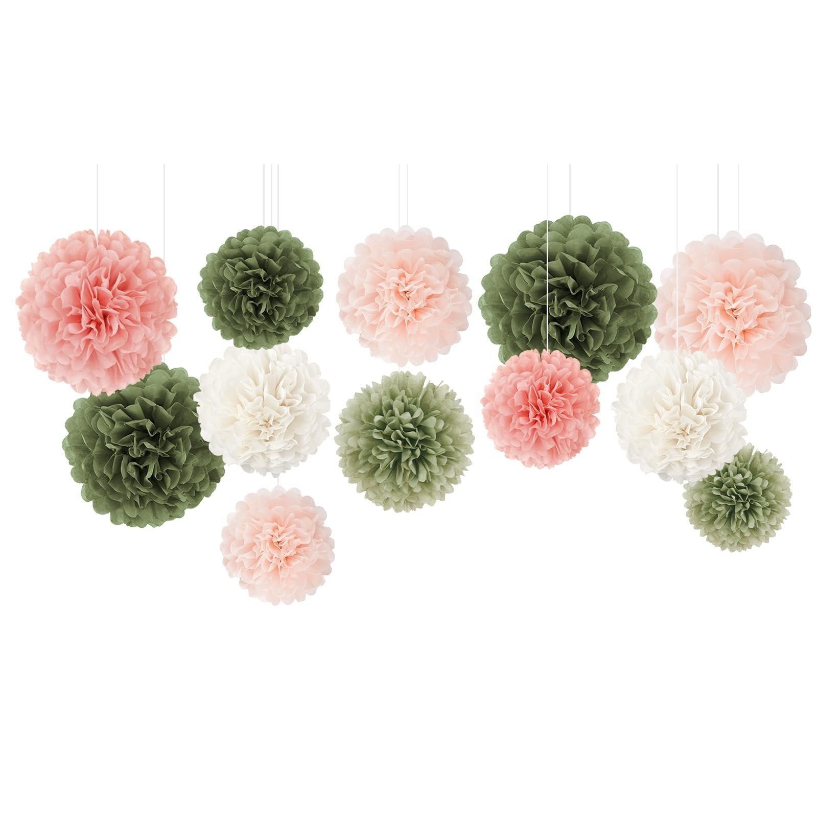 Assortment of 12 tissue paper pom poms in pink, sage green, and cream, suspended by strings against a white background.