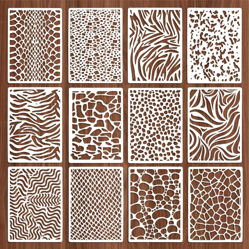 Twelve reusable stencils with assorted animal print and wavy patterns laid out on a wooden background.