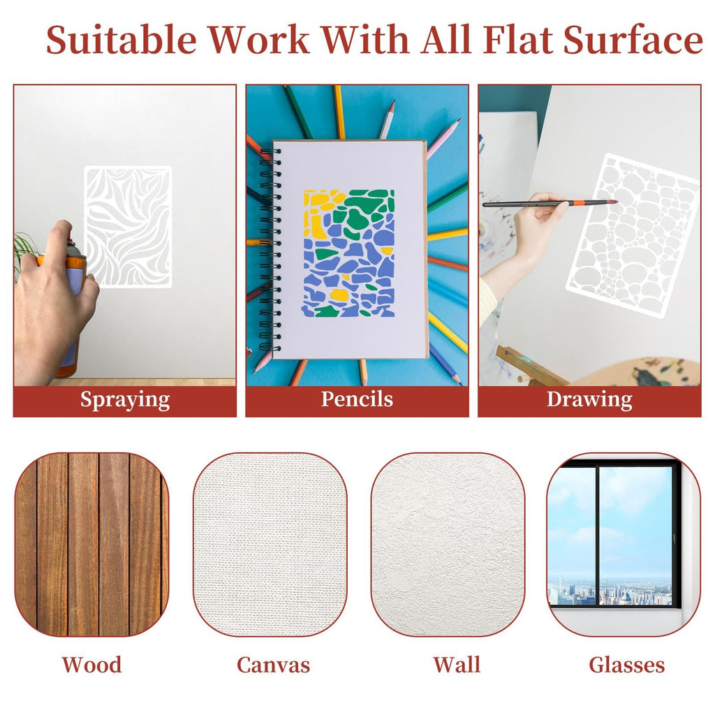 Collage showing stencils being used for spraying, drawing, and on a notebook with colored pencils, plus examples of surfaces like wood, canvas, wall, and glass.