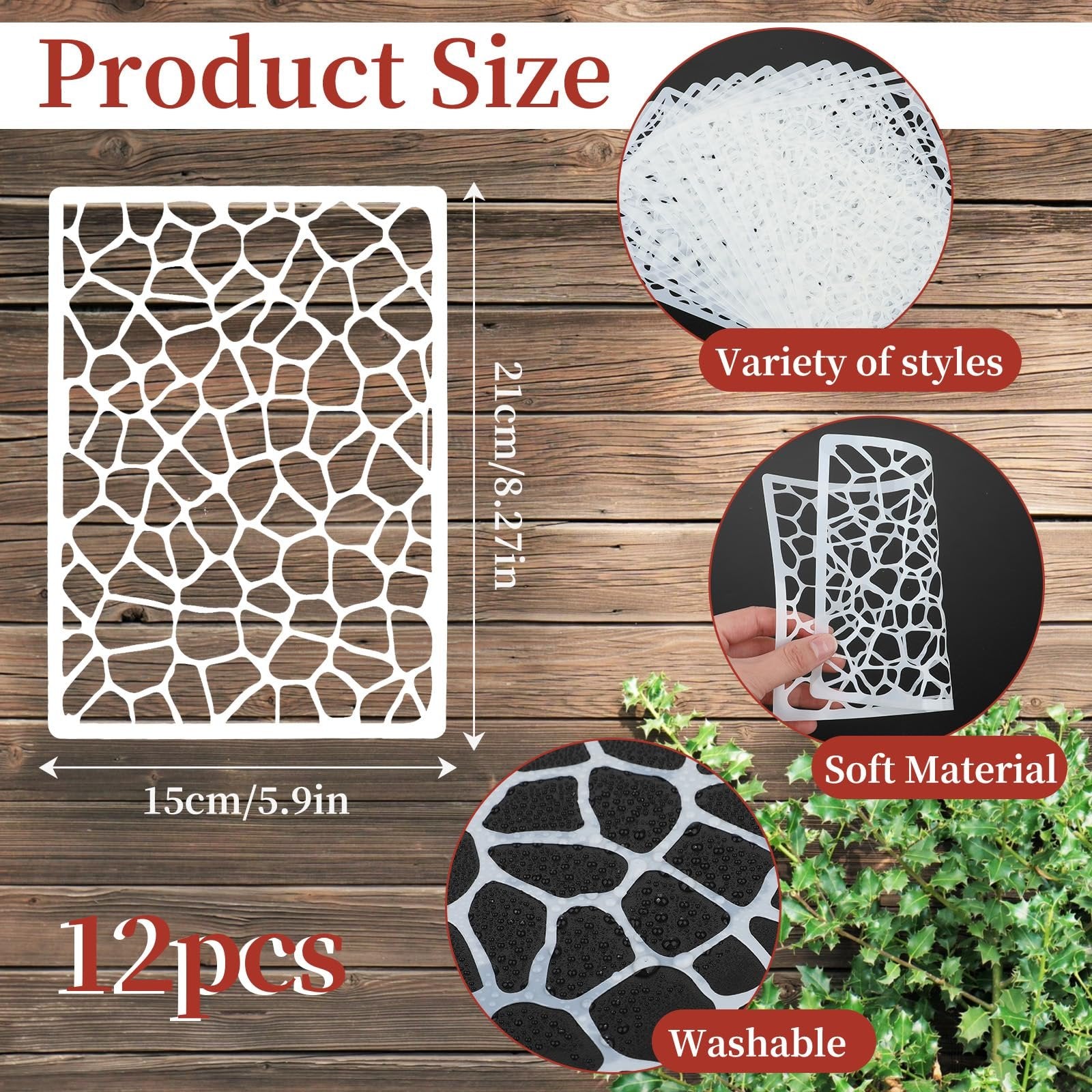 Set of 12 reusable texture stencils with giraffe print pattern, showing dimensions and material details.