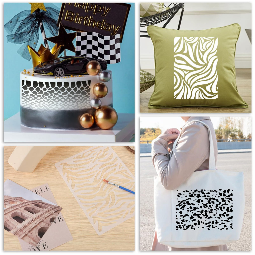 Collage of four images showing reusable stencils for painting crafts. Top left: stencil applied to a decorated cake. Top right: stencil applied to a green pillow. Bottom left: stencil on a wooden surface with a brush. Bottom right: stencil applied to a white tote bag.