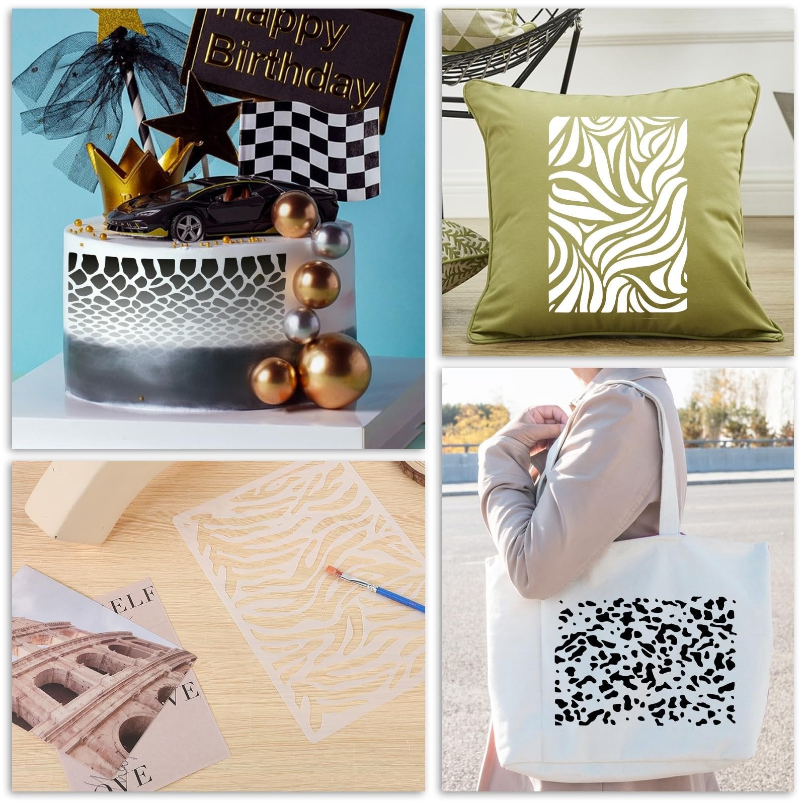 Collage of four images showing reusable stencils for painting crafts. Top left: stencil applied to a decorated cake. Top right: stencil applied to a green pillow. Bottom left: stencil on a wooden surface with a brush. Bottom right: stencil applied to a white tote bag.
