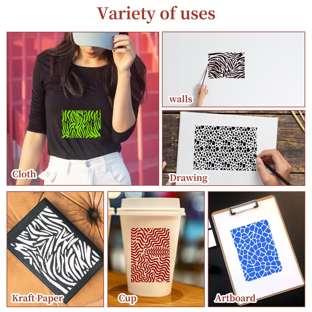 Collage showing reusable stencils applied to cloth, walls, drawing paper, kraft paper, cup, and artboard.