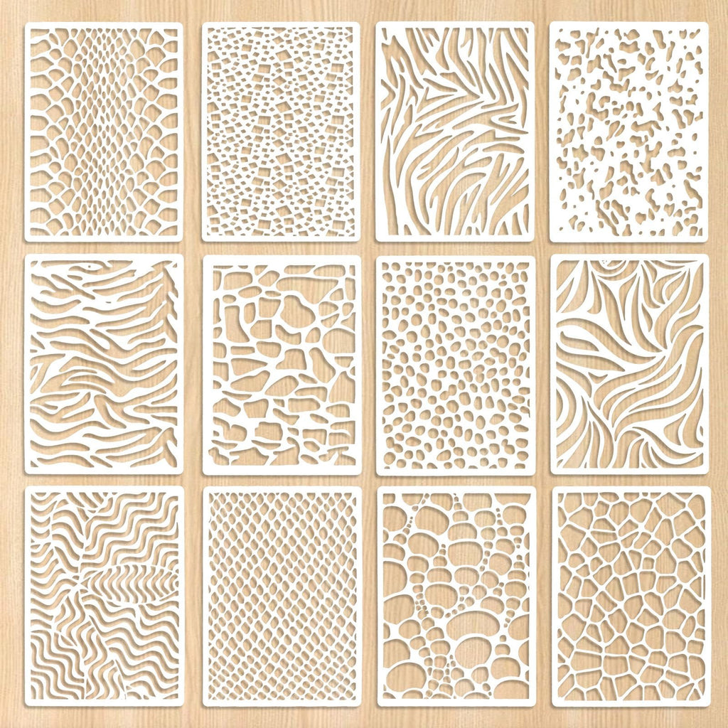 Twelve reusable stencils with assorted animal print and wavy patterns on a wood-grain background.