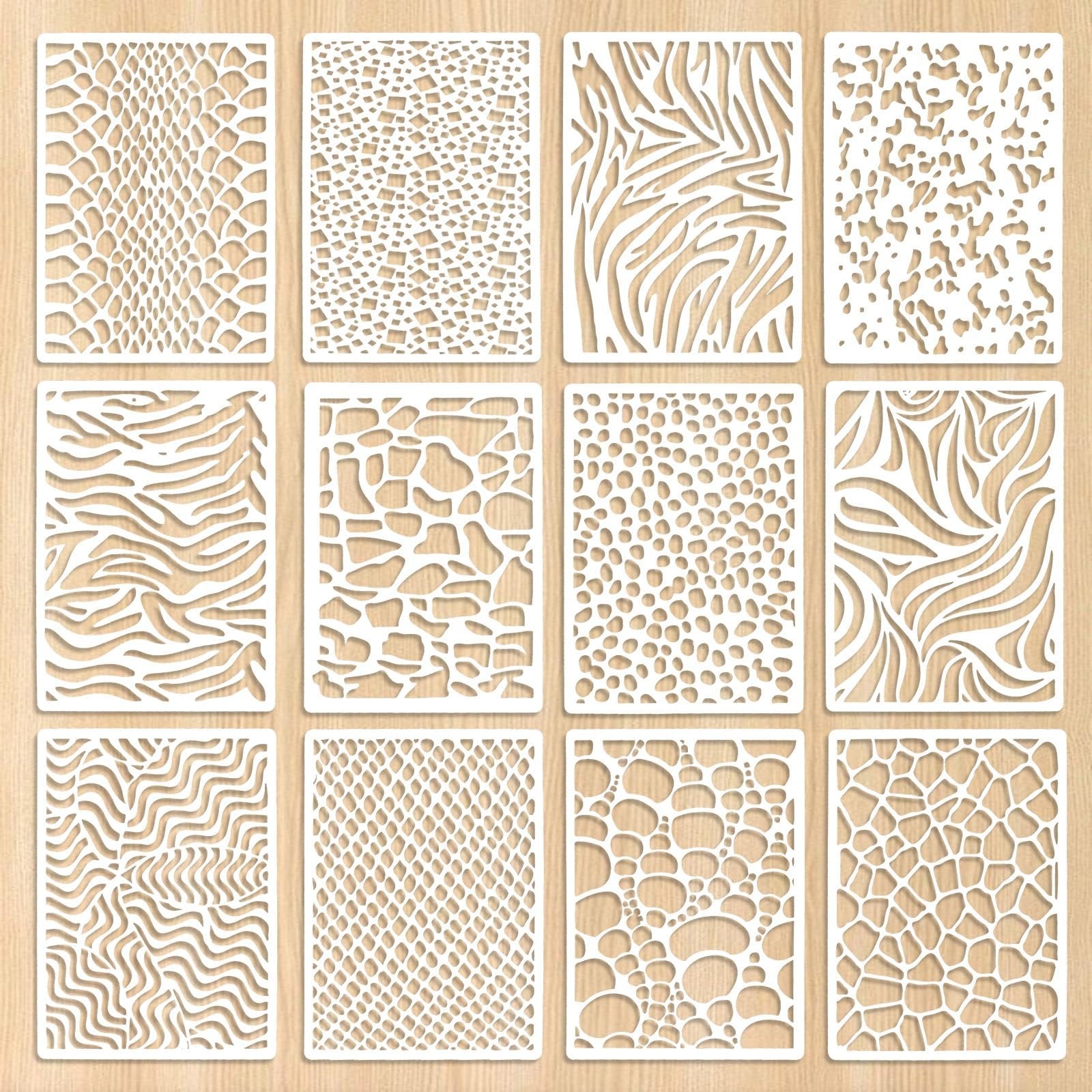 Twelve reusable stencils with assorted animal print and wavy patterns on a wood-grain background.