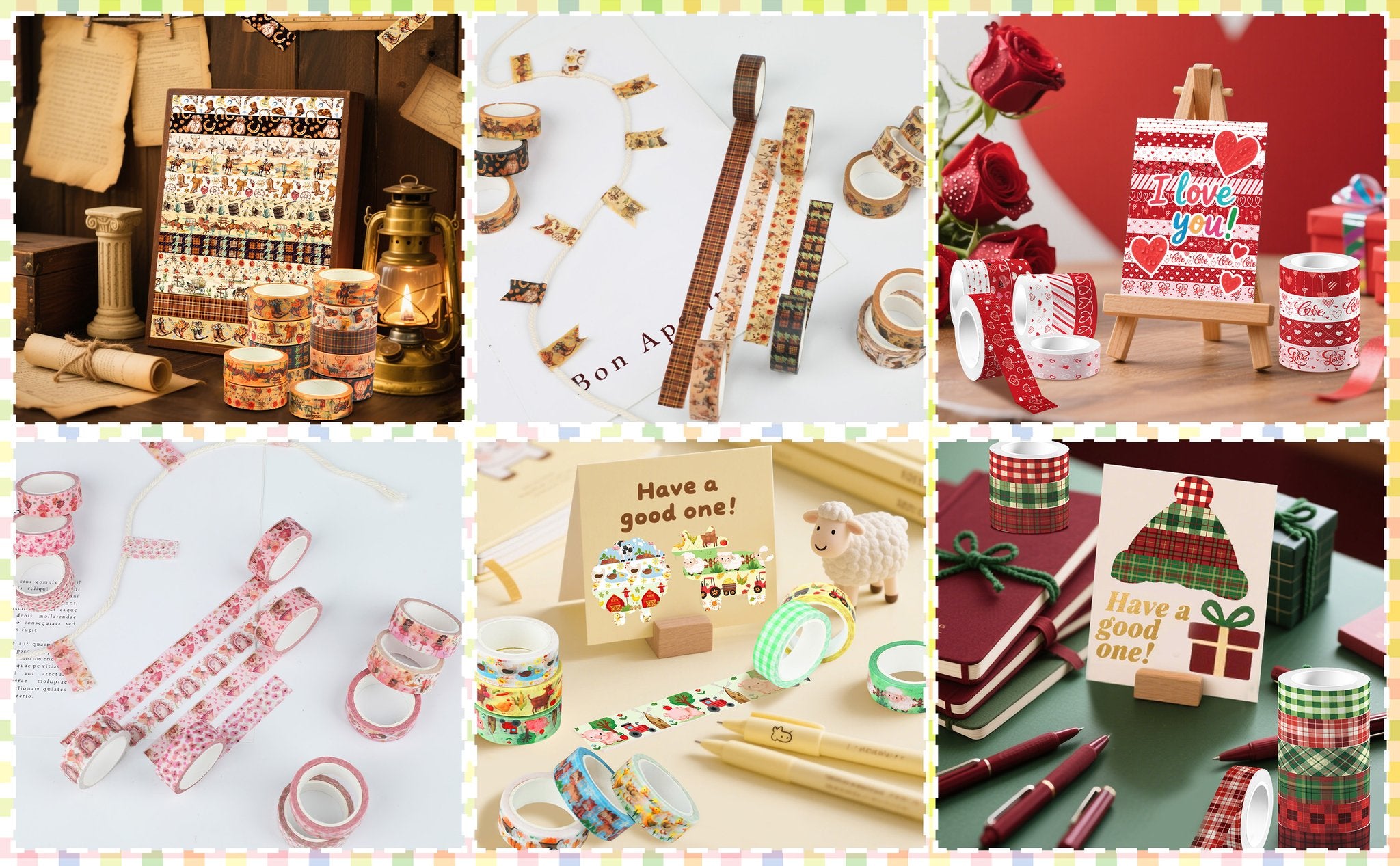 Collage of washi tape sets with various floral, western, Valentine's, and farm themes, displayed in different arrangements.
