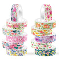 Stack of 12 floral watercolor washi tape rolls with various pink, yellow, and blue flower designs on white background.