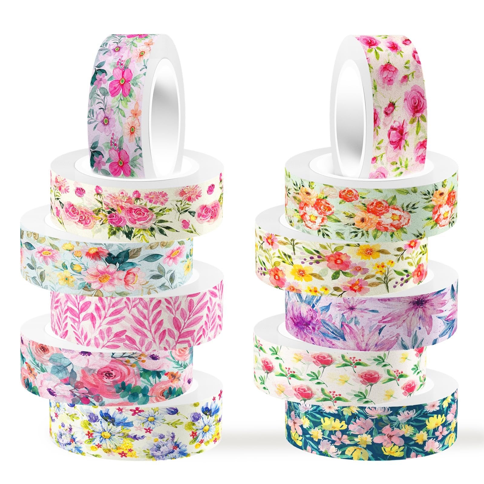 Stack of 12 floral watercolor washi tape rolls with various pink, yellow, and blue flower designs on white background.