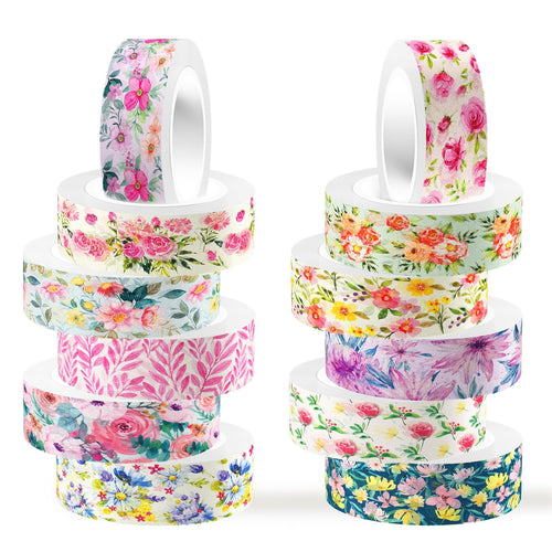 Stack of 12 floral watercolor washi tape rolls with various pink, yellow, and blue flower designs on white background.