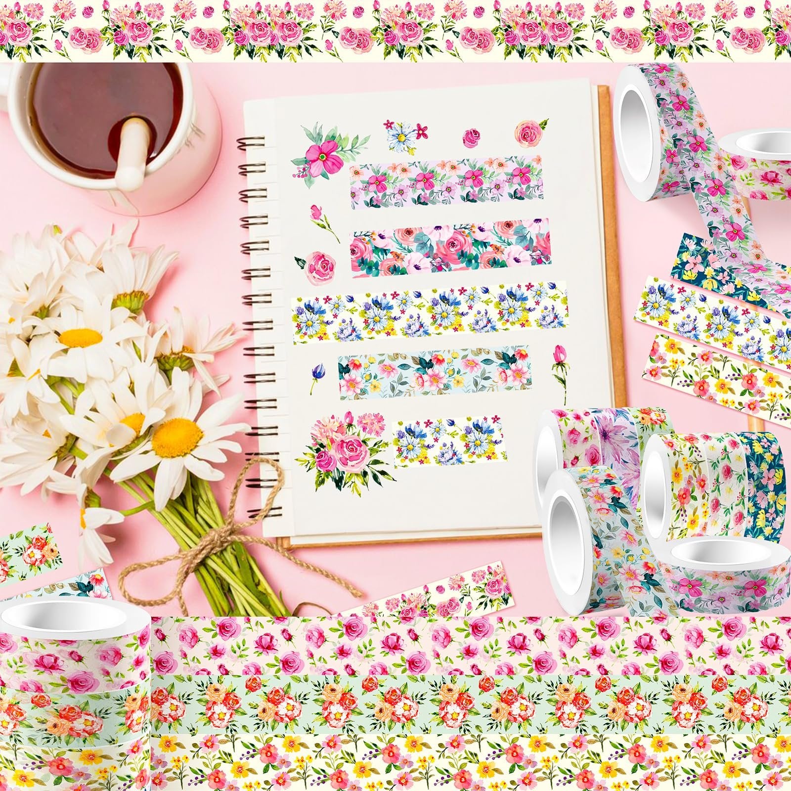 Floral washi tape rolls and swatches displayed with a notebook, teacup, and daisies on a pink background.