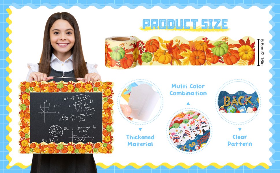 Smiling girl holding a chalkboard decorated with fall-themed bulletin board borders; product size and feature callouts shown.