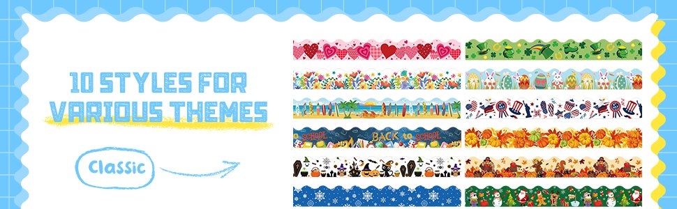 Collage of various themed bulletin board borders including hearts, flowers, beach, school, Halloween, Thanksgiving, and Christmas designs.