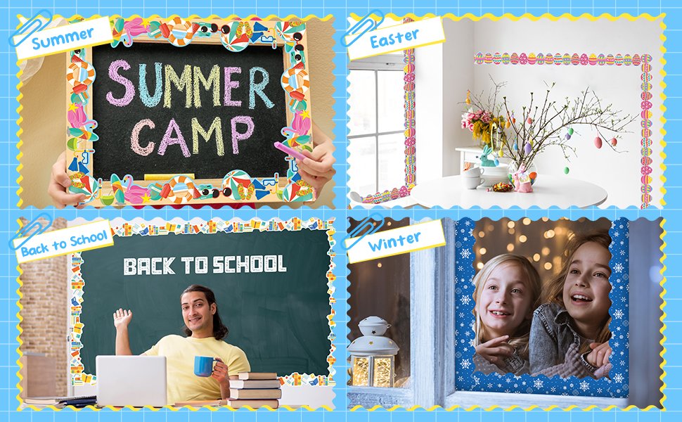 Collage of four scenes showing seasonal bulletin board borders: summer camp on a chalkboard, Easter eggs on a wall, back to school on a chalkboard, and winter snowflakes on a window.