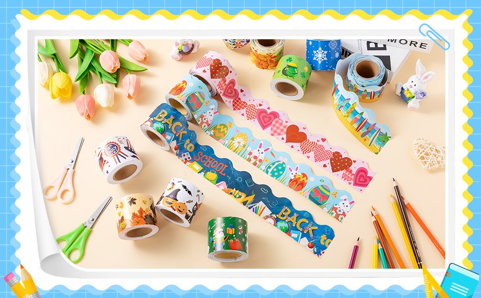 Assortment of decorative bulletin board border rolls with various holiday and seasonal designs, including hearts, Easter eggs, pumpkins, and back-to-school themes.