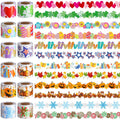 Collection of 12 bulletin board border rolls with various seasonal and holiday designs, including hearts, shamrocks, flowers, Easter eggs, flip-flops, stars, books, pumpkins, turkeys, snowflakes, and candy canes.