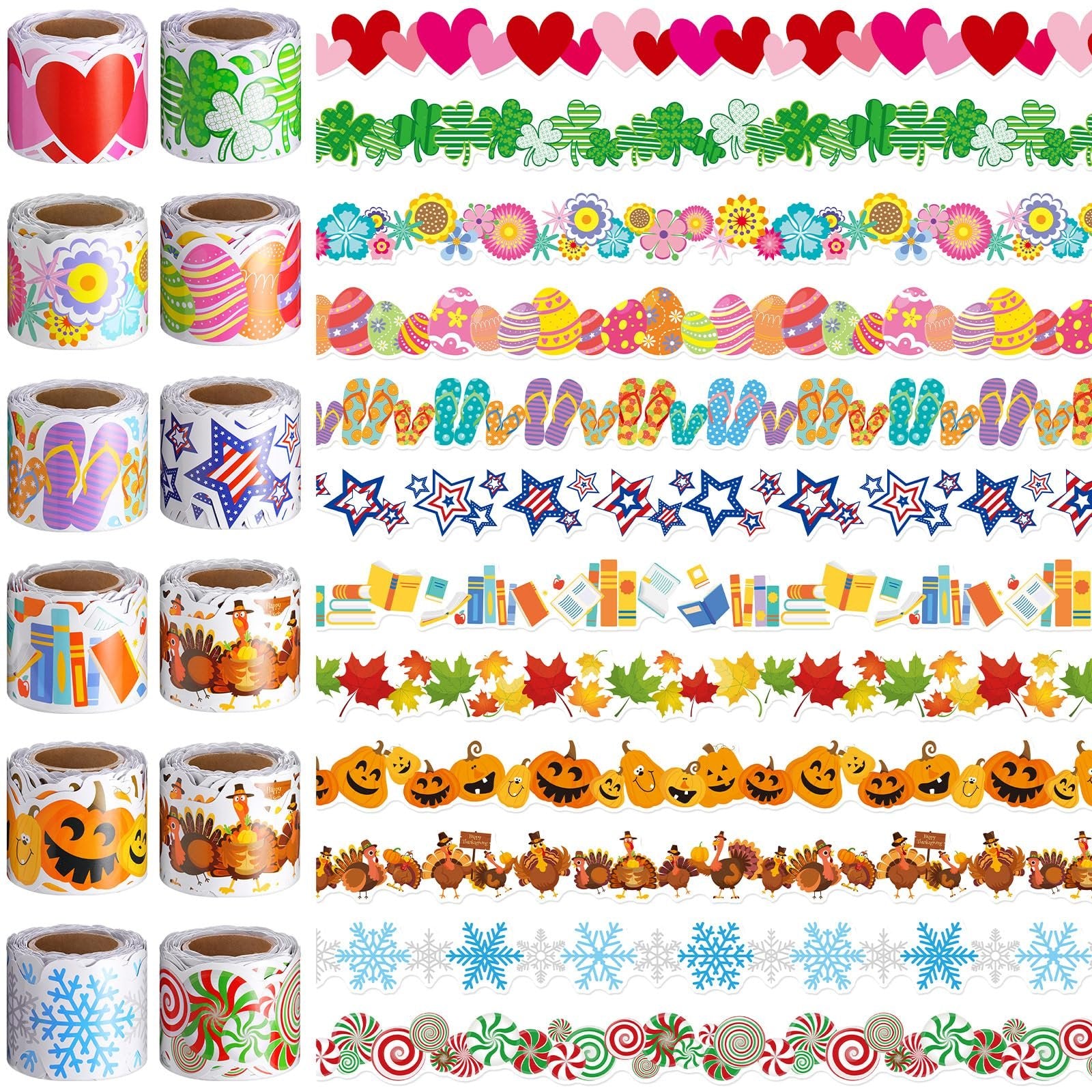 Collection of 12 bulletin board border rolls with various seasonal and holiday designs, including hearts, shamrocks, flowers, Easter eggs, flip-flops, stars, books, pumpkins, turkeys, snowflakes, and candy canes.