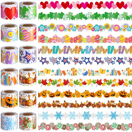 Collection of 12 bulletin board border rolls with various seasonal and holiday designs, including hearts, shamrocks, flowers, Easter eggs, flip-flops, stars, books, pumpkins, turkeys, snowflakes, and candy canes.