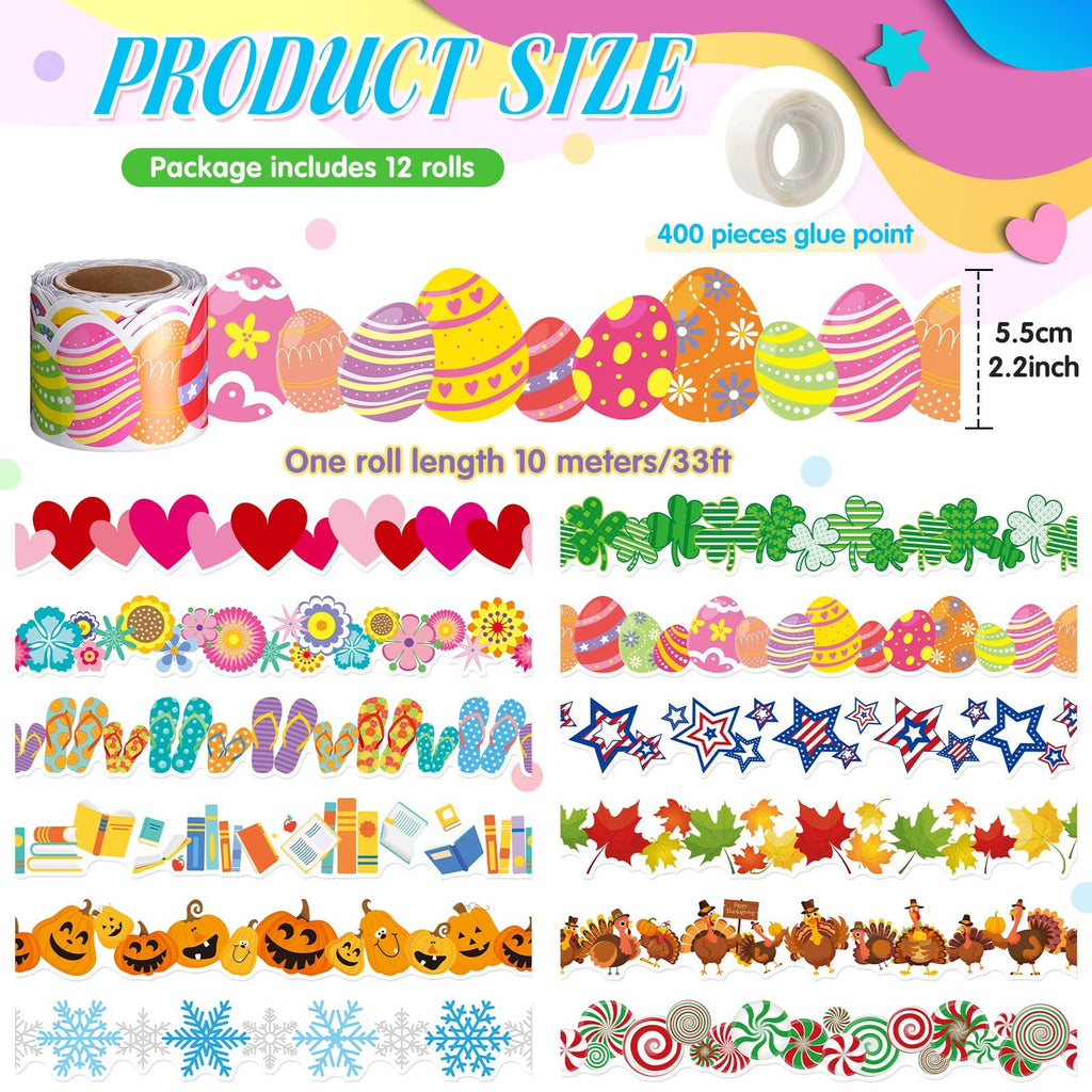 Collage of seasonal bulletin board border trims with various holiday themes like Easter eggs, hearts, shamrocks, flip-flops, stars, books, pumpkins, turkeys, snowflakes, and candies.