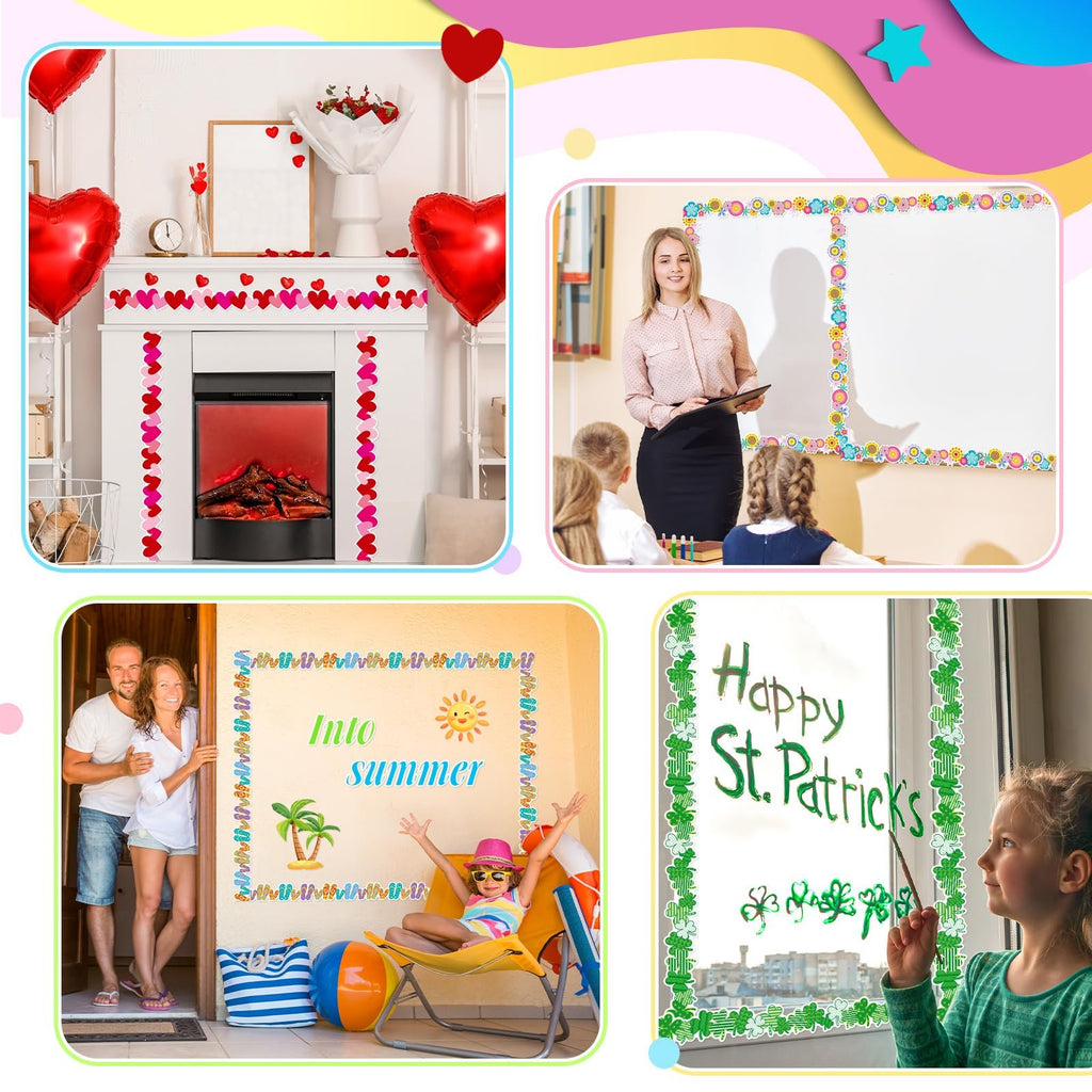 Collage of bulletin board borders used for seasonal decor in various settings