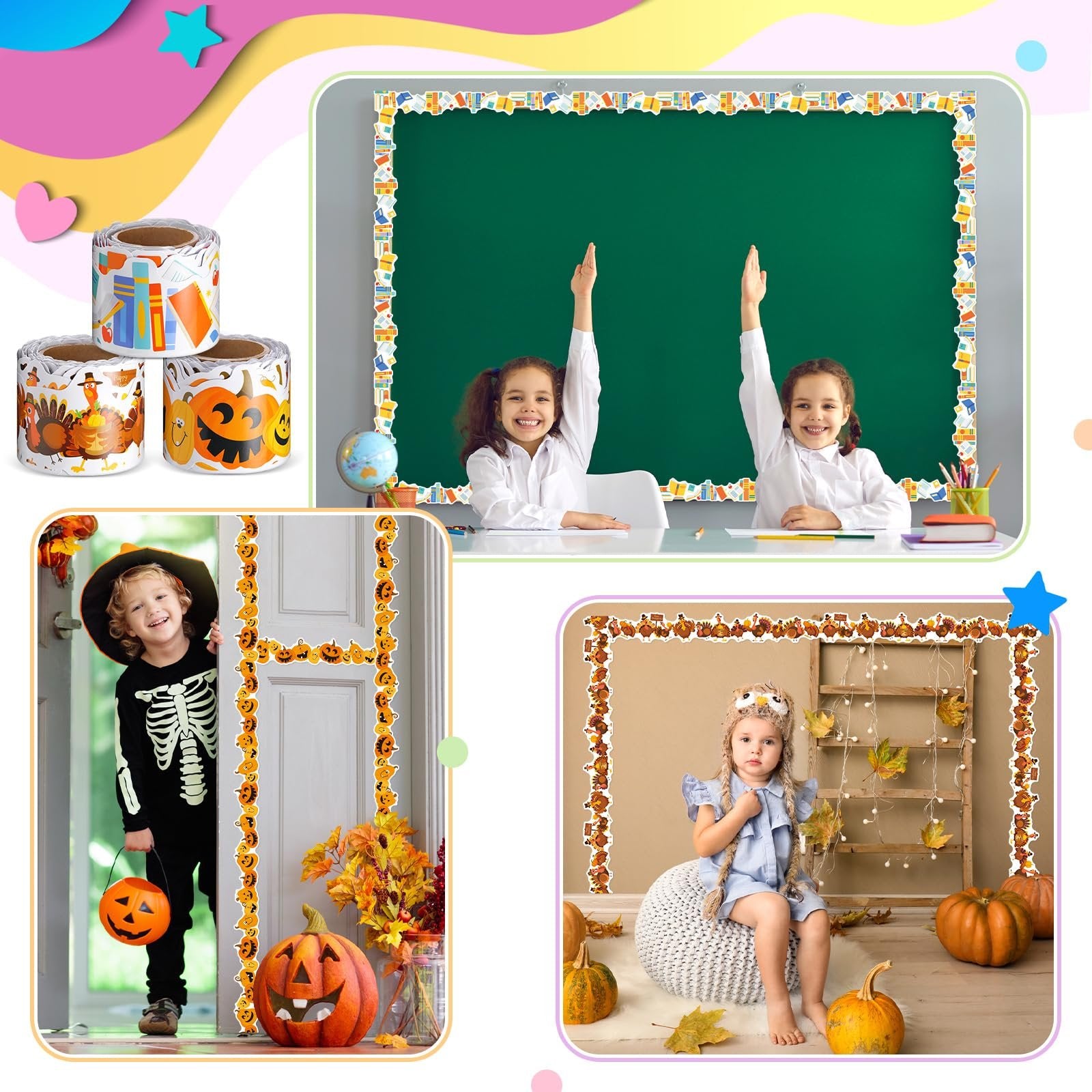 Three rolls of seasonal bulletin board borders with book, turkey, and pumpkin designs, plus lifestyle images of borders on a classroom chalkboard, a door, and a wall.