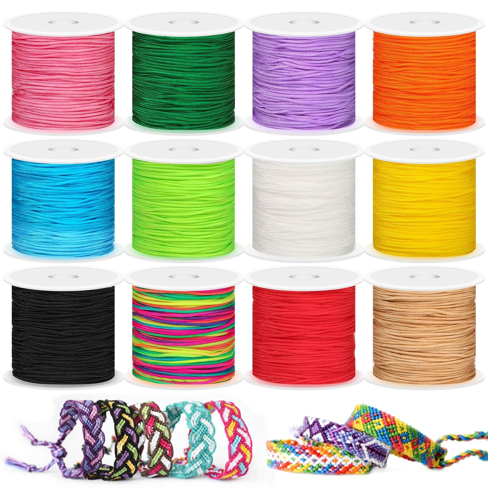 Twelve spools of colorful nylon cord and several handmade bracelets on a white background.