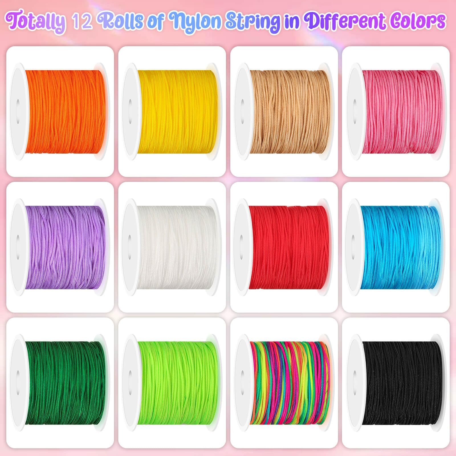 Twelve spools of nylon cord in various colors arranged in a grid, including orange, yellow, tan, pink, purple, white, red, blue, green, lime green, multi-color, and black.