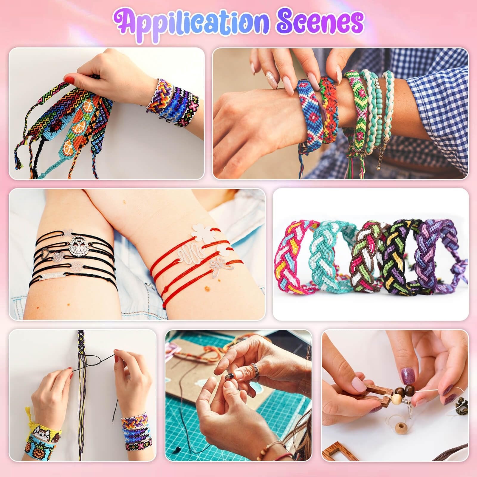 Collage of hands making and wearing colorful braided bracelets and necklaces.