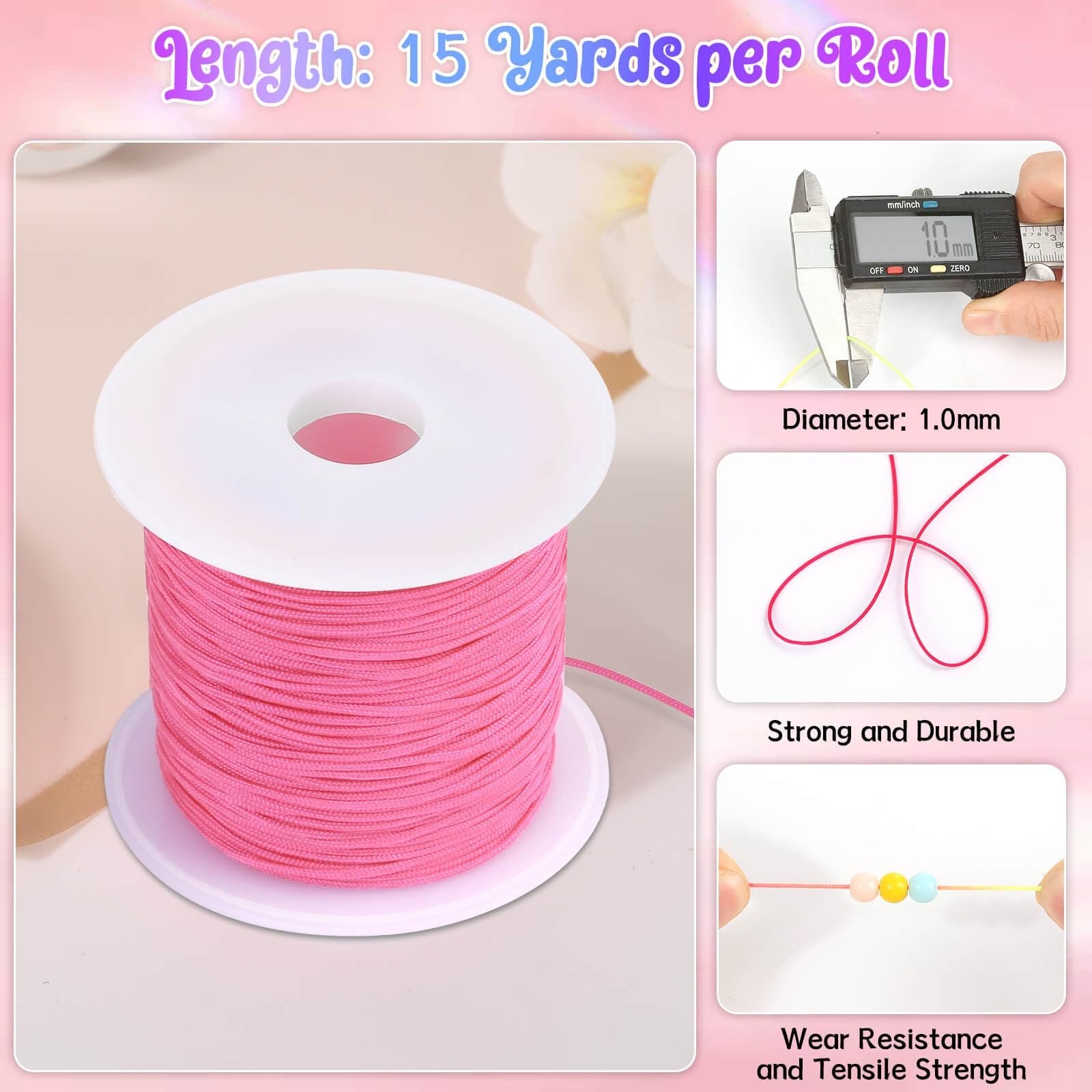 Pink nylon cord on spool with inset images showing diameter measurement, cord loop, and beads on cord.