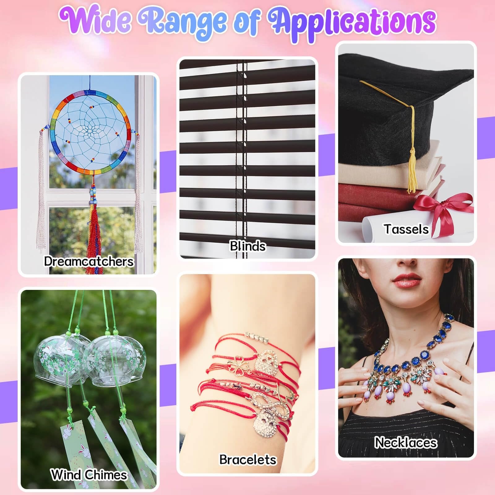 Collage showing various applications of craft cord: dreamcatchers, blinds, tassels, wind chimes, bracelets, and necklaces.