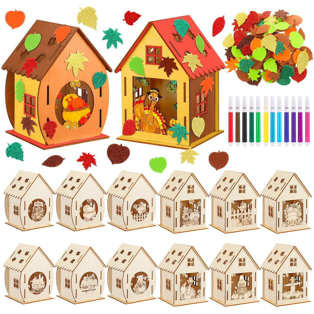 12 sets of wooden Thanksgiving house craft kits with watercolor pens and foam stickers, shown from multiple angles.