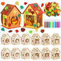 12 sets of wooden Thanksgiving house craft kits with watercolor pens and foam stickers, shown from multiple angles.