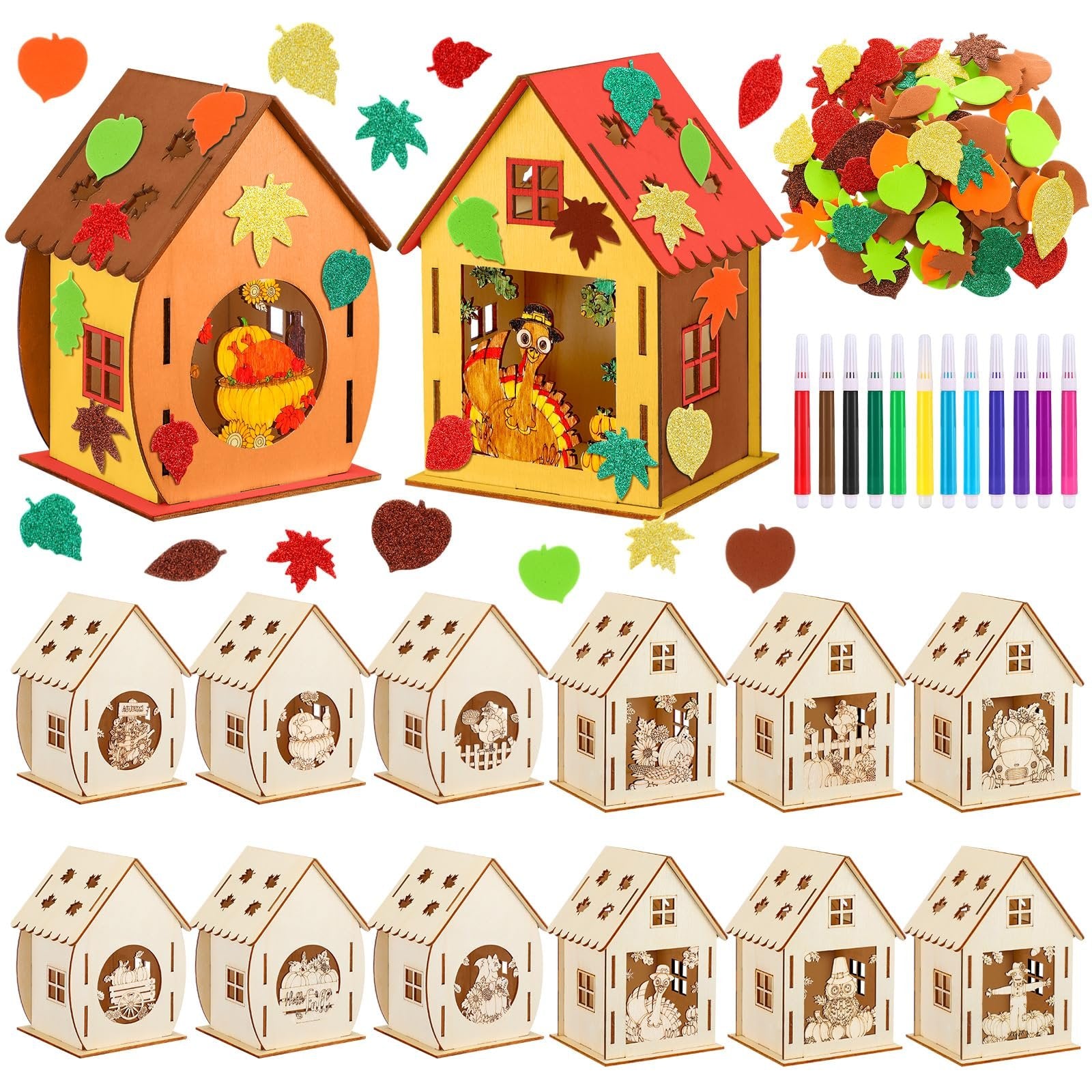 12 sets of wooden Thanksgiving house craft kits with watercolor pens and foam stickers, shown from multiple angles.