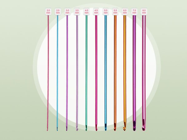 Set of 12 aluminum crochet hooks with animal print clay handles, sizes 2.0mm to 8.0mm, displayed vertically.
