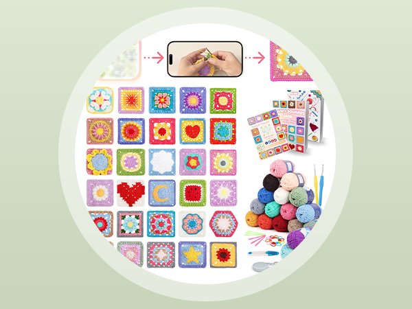 Crochet kit with colorful yarn balls, hooks, and various crocheted squares, plus a book and phone screen showing crochet tutorial.