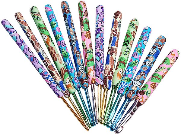 Set of 12 crochet hooks with colorful animal print clay handles arranged in a fan shape on a white background.