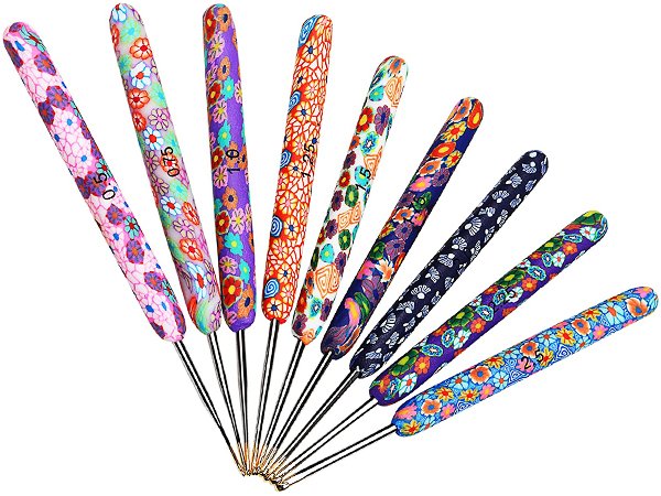 Set of 12 crochet hooks with colorful floral patterned handles and metal tips, sizes marked on handles.