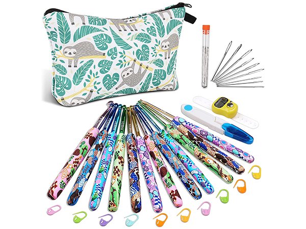 Crochet hook set with animal print handles, storage bag, needles, stitch markers, and row counter on white background.