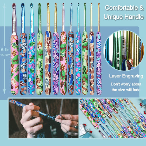 Set of 12 crochet hooks with animal print clay handles, showing size markings and a hand crocheting.