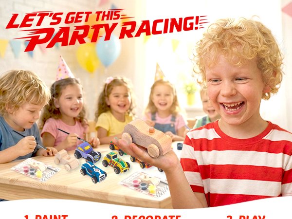Children painting unfinished wooden race cars at a party table with paint and brushes