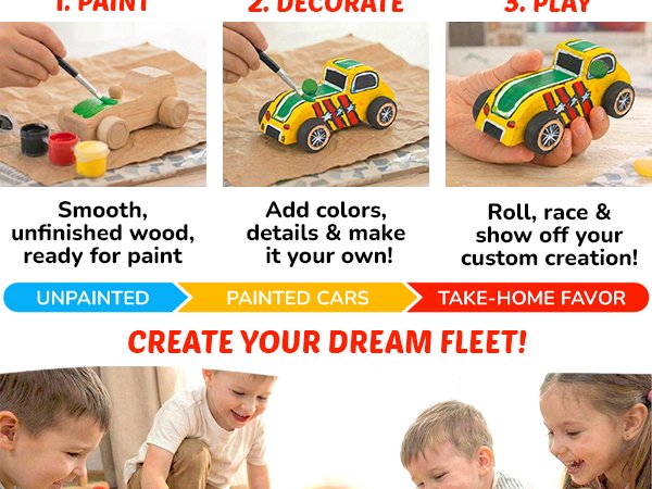 Unfinished wooden race car painting kit process: painting, decorating, and playing with custom creations. Children are shown smiling and engaged.