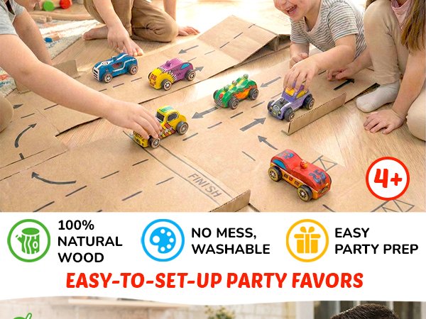 Children painting and playing with unfinished wooden race cars on a cardboard track. Includes age and feature callouts.