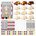 Unfinished wooden race car painting kit contents including cars, paints, brushes, and thank you cards.