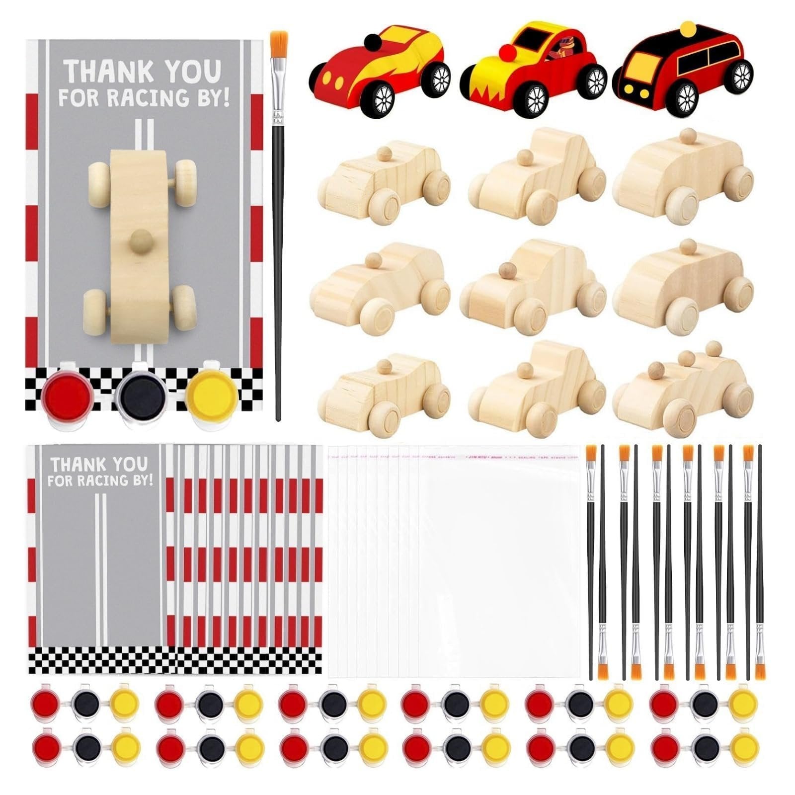Unfinished wooden race car painting kit contents including cars, paints, brushes, and thank you cards.