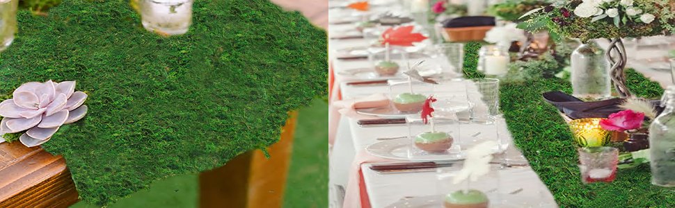 Preserved green moss roll used as table runner and decor with succulent and wedding table setting