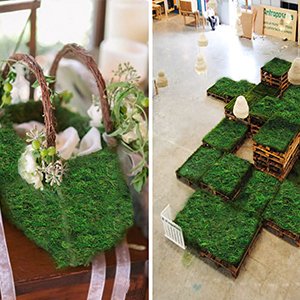 Diptych: Left shows a decorative basket covered in green moss with white flowers and ribbon. Right shows moss arranged on wooden pallets in an open space.